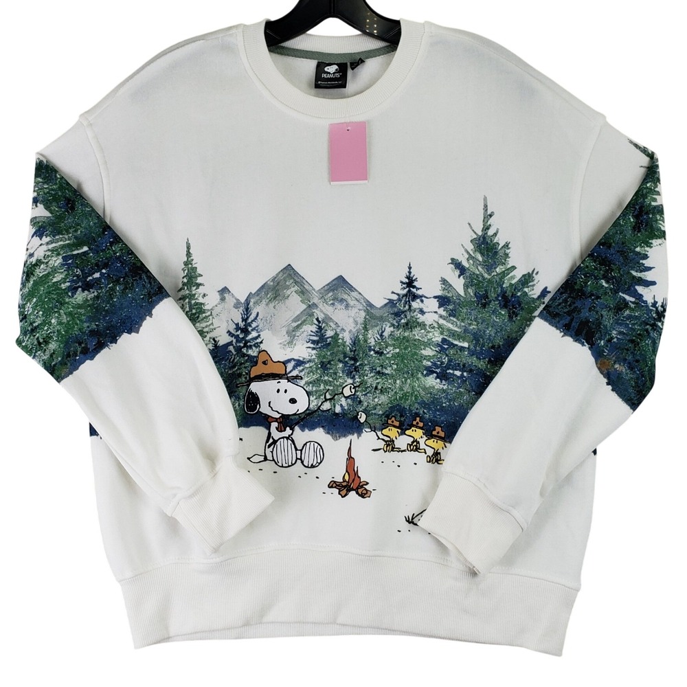 Peanuts Mad Engine Sweatshirt Womens S White Snoopy Camping Graphic NWT Cozy